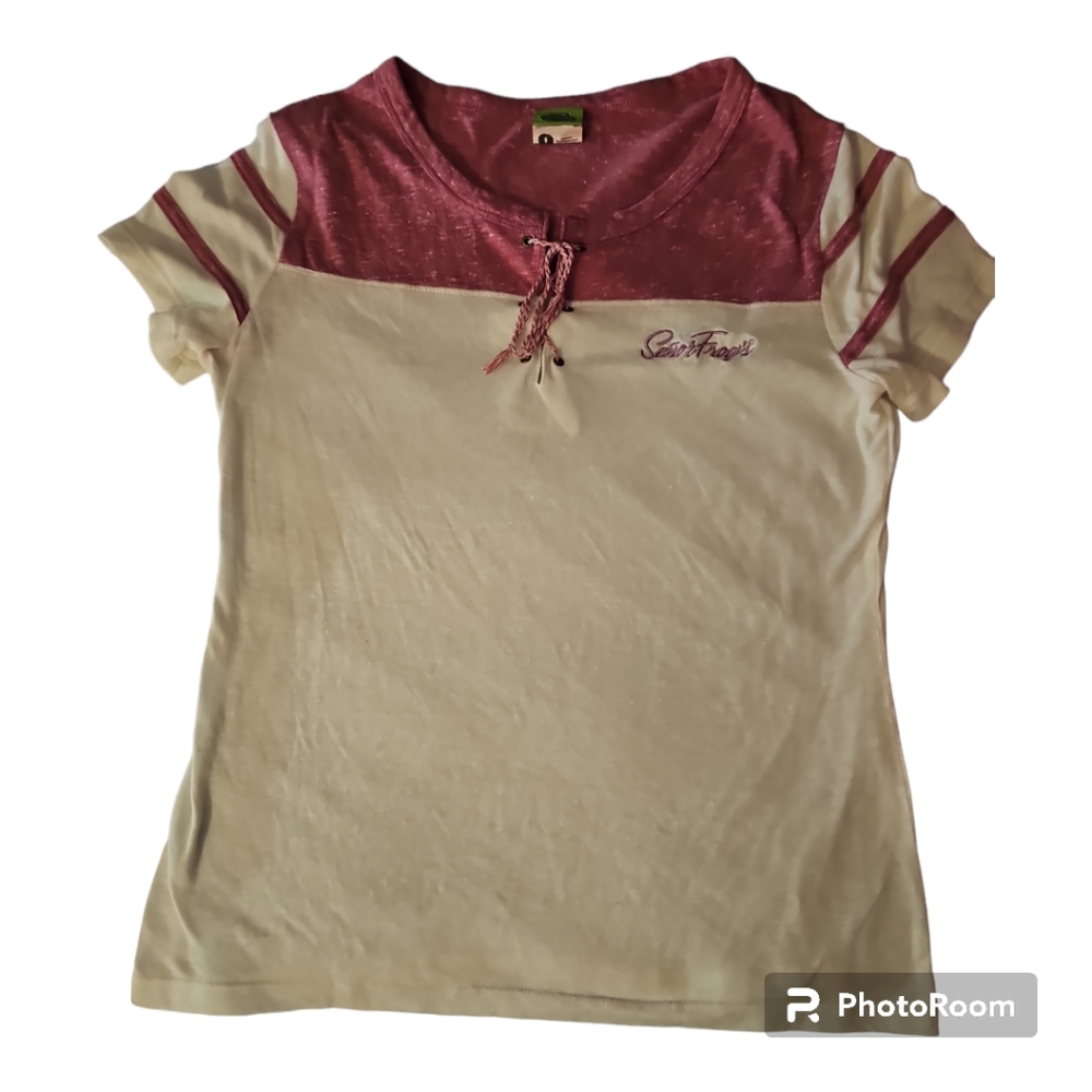 EUC Señor Frog's lace-up t-shirt, pink and ivory, large